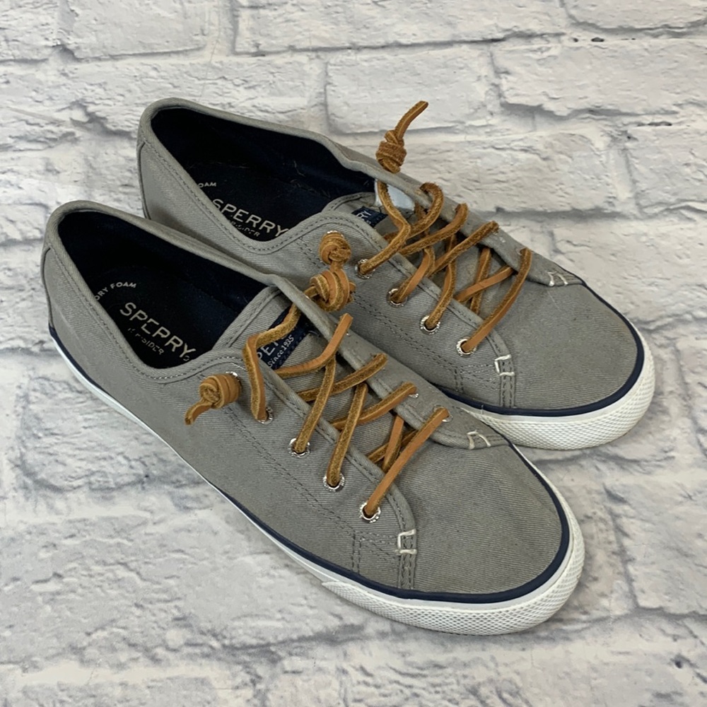 Sperry Top Siders loafer shoes Canvas Leather laces Gray white tan Size 8.5